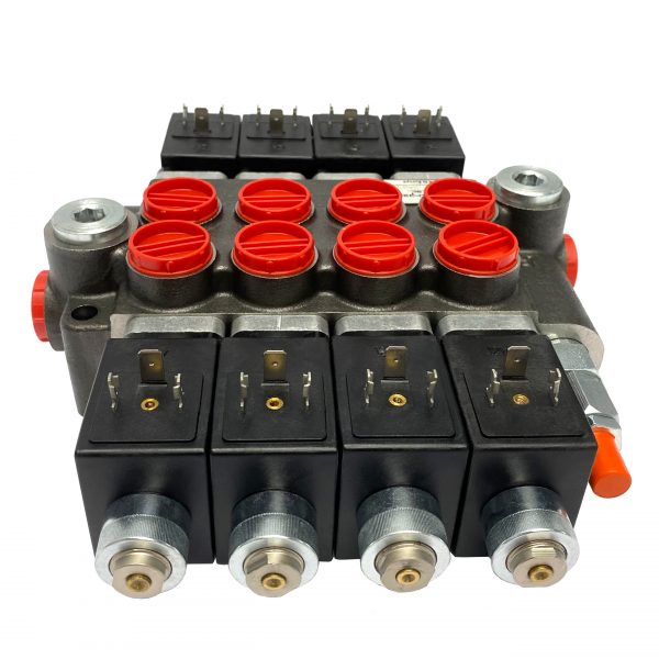 4 spool x 13 GPM solenoid hydraulic control valve, monoblock cast iron valve | Magister Hydraulics 4 spool x 13 GPM solenoid hydraulic control valve, monoblock cast iron valve | Magister Hydraulics