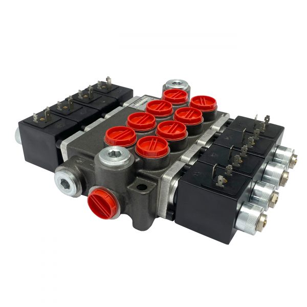 4 spool x 13 GPM solenoid hydraulic control valve, monoblock cast iron valve | Magister Hydraulics 4 spool x 13 GPM solenoid hydraulic control valve, monoblock cast iron valve | Magister Hydraulics
