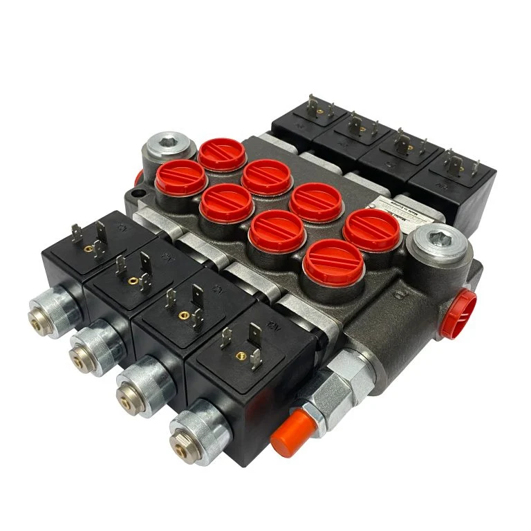 4 spool x 13 GPM solenoid hydraulic control valve, monoblock cast iron valve | Magister Hydraulics 4 spool x 13 GPM solenoid hydraulic control valve, monoblock cast iron valve | Magister Hydraulics