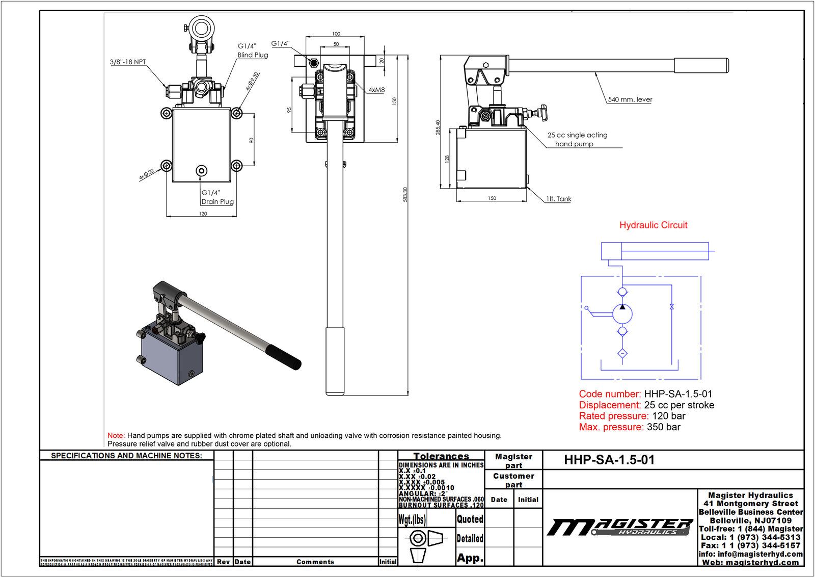 Hydraulic Hand Pump Single Acting 1.5 CID diagram