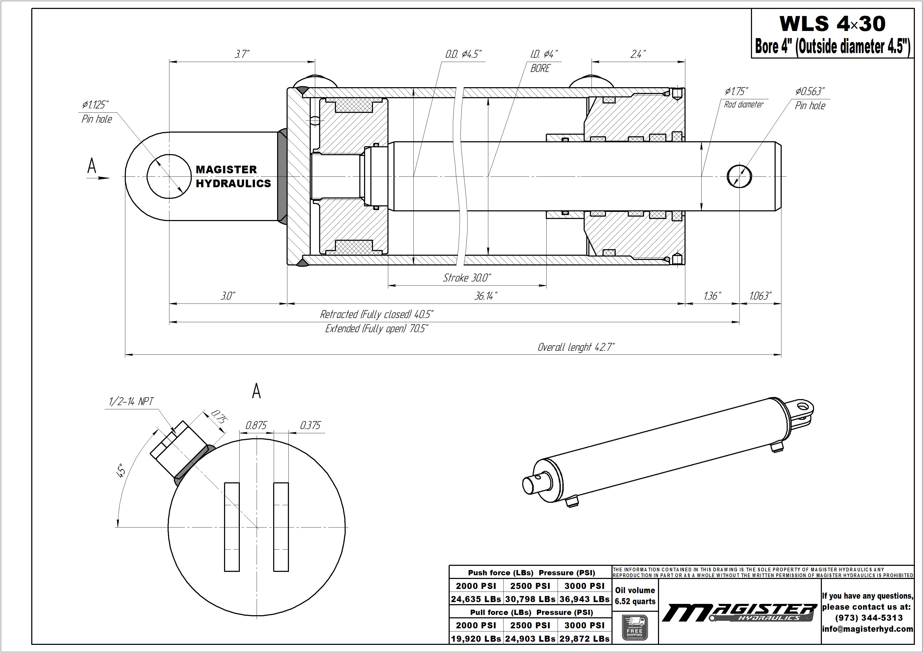 4 bore x 30 stroke hydraulic cylinder, log splitter double acting cylinder | Magister Hydraulics