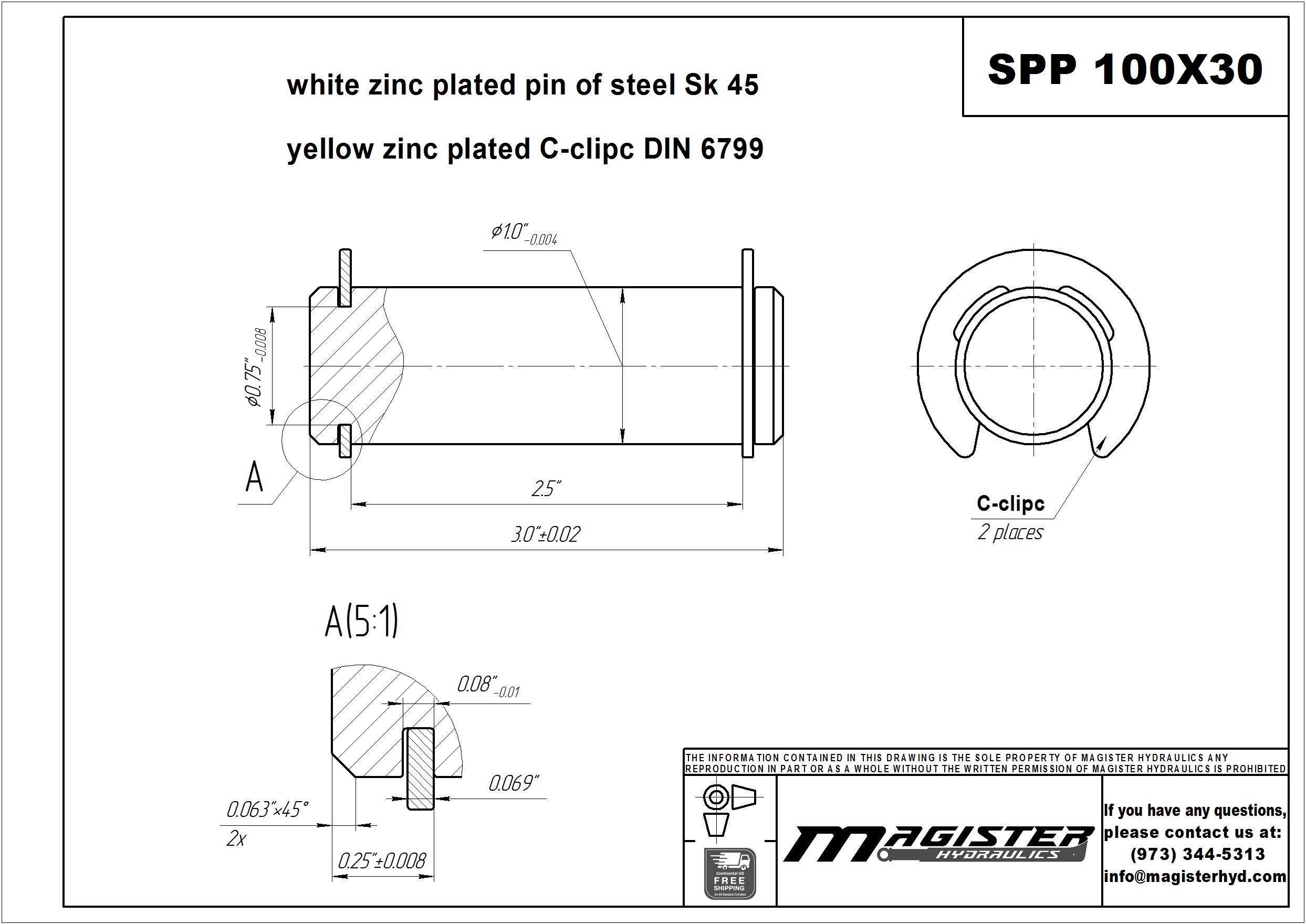 1 pin diameter x 3 long steel pivot pin for hydraulic cylinder