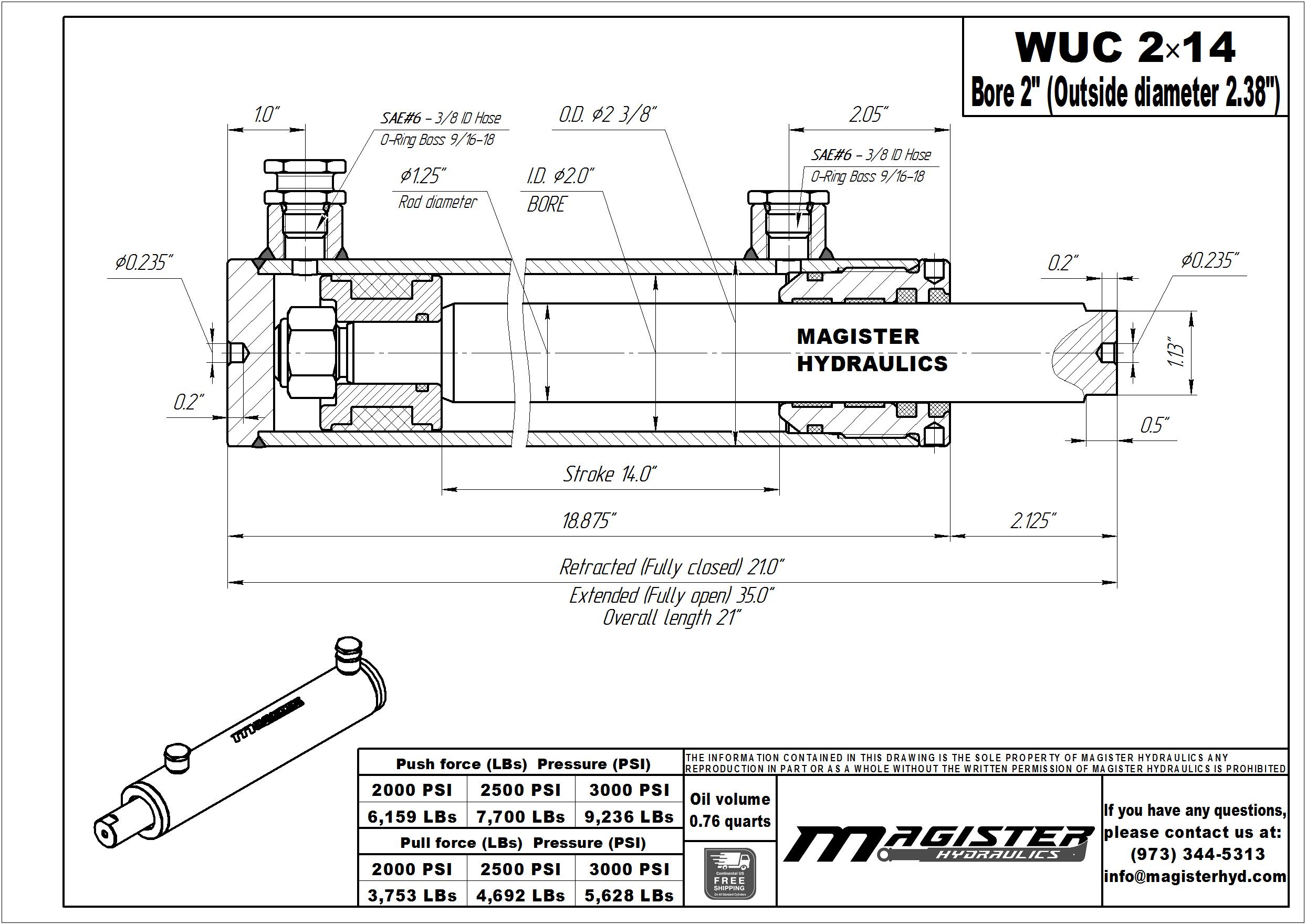 2 bore x 14 stroke hydraulic cylinder, welded universal double acting cylinder | Magister Hydraulics