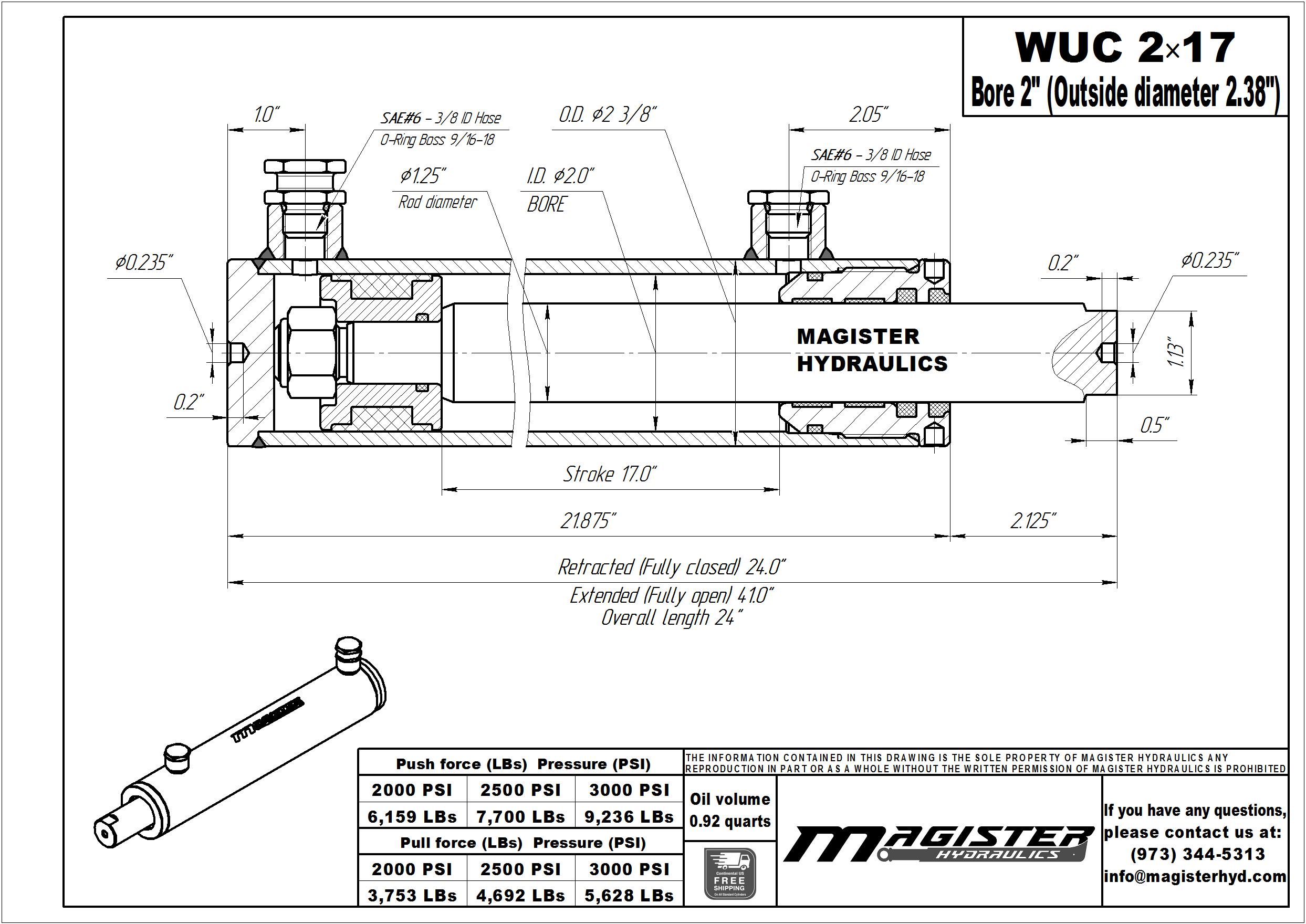 2 bore x 17 stroke hydraulic cylinder, welded universal double acting cylinder | Magister Hydraulics