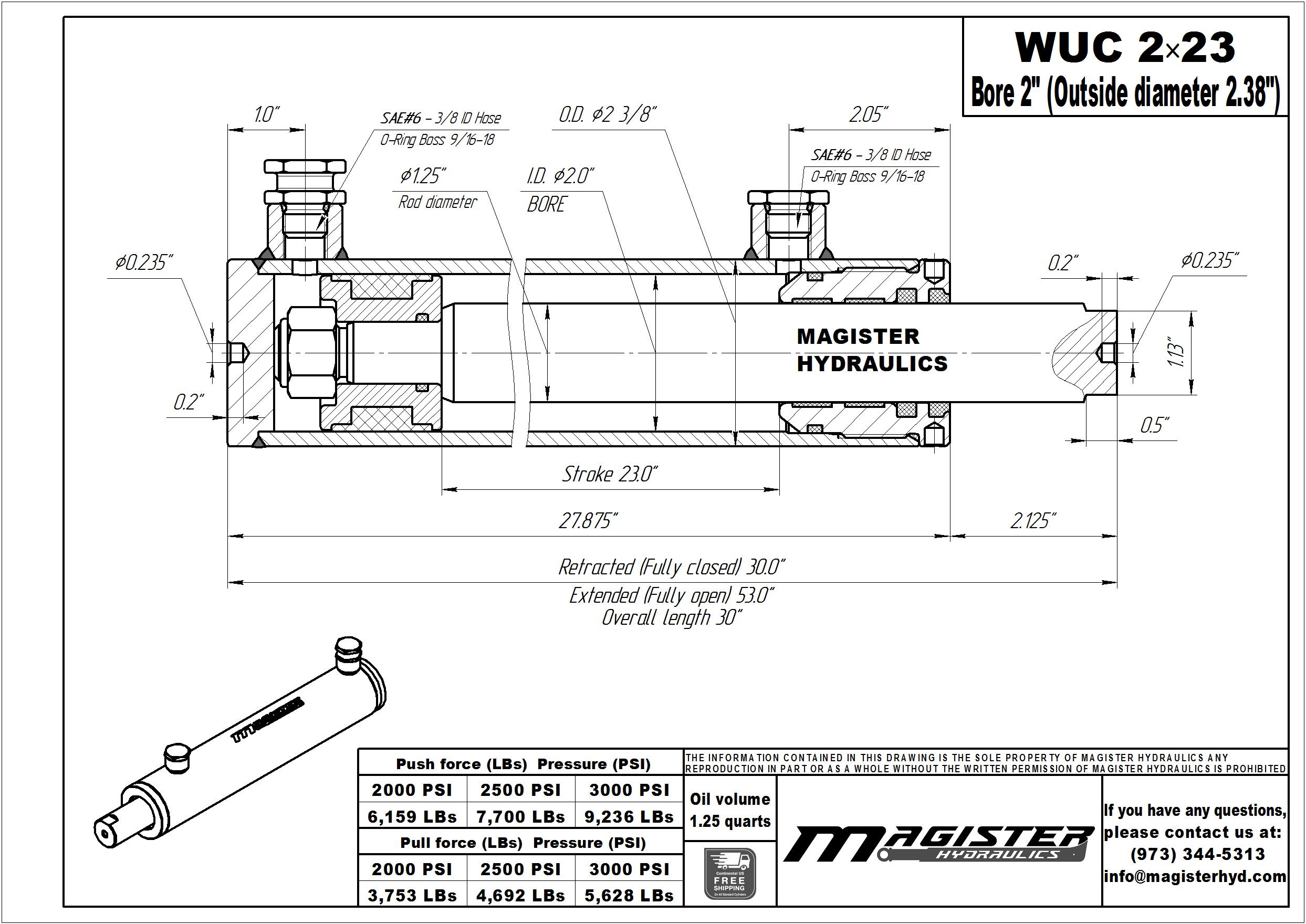 2 bore x 23 stroke hydraulic cylinder, welded universal double acting cylinder | Magister Hydraulics