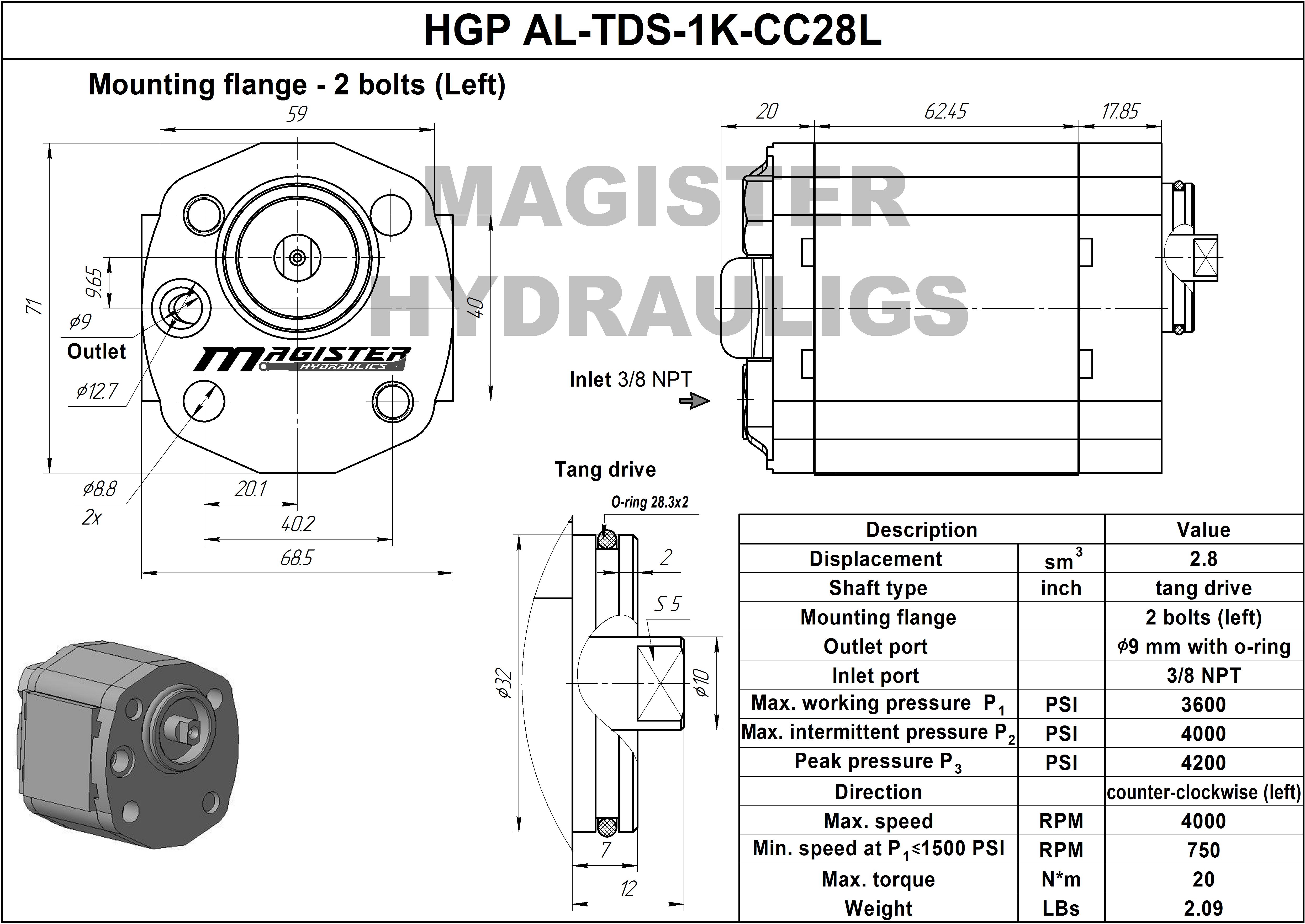 2.8 mini hydraulic gear pump, flat tang shaft counter-clockwise gear pump | Magister Hydraulics