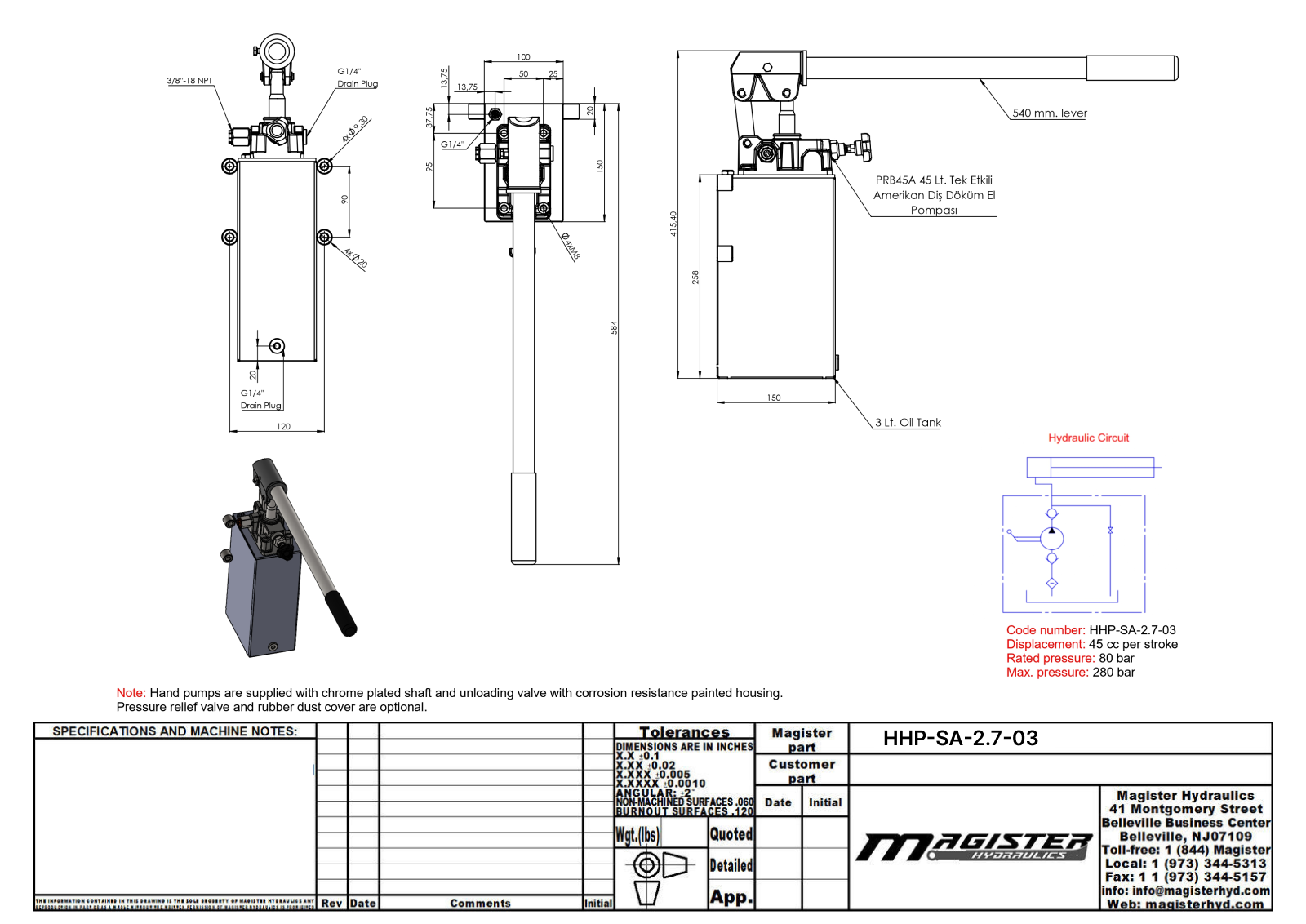 Hydraulic piston hand pump 2.7 CID with release knob for single