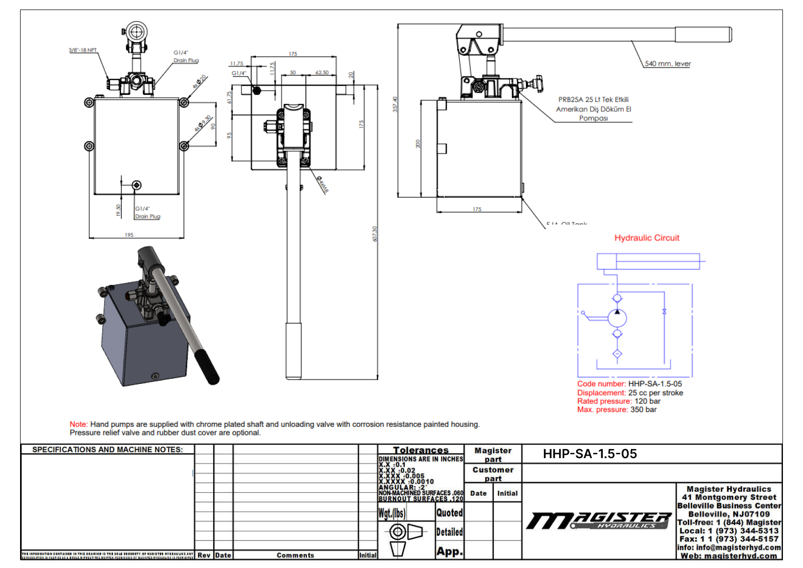 Hydraulik Handpumpe mit Hebel Druck max. 270 Tank vol. 5L Einfachwirkend,  Druck max. 270bar