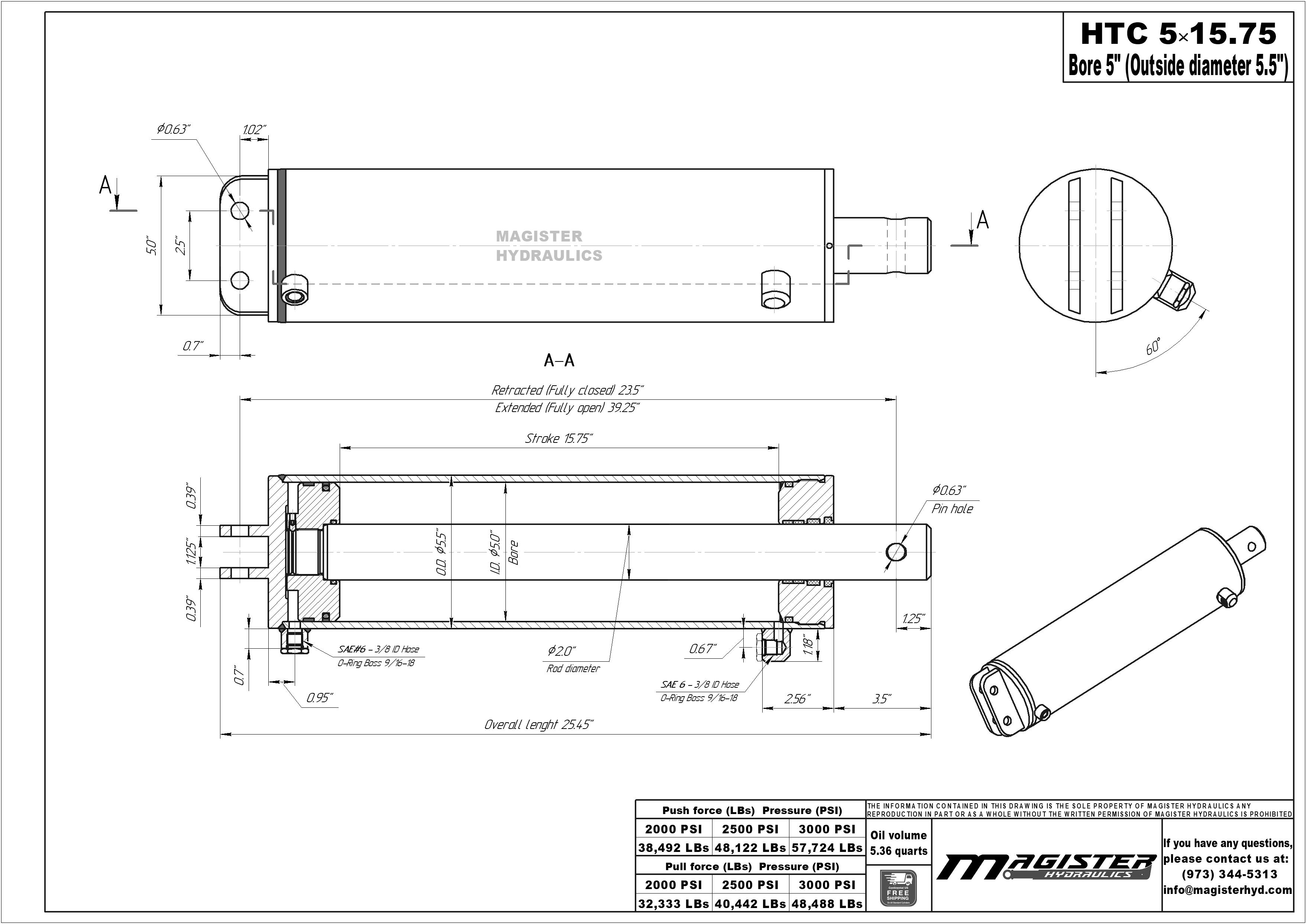 5" bore x 15.75" stroke hoist hydraulic cylinder drawing