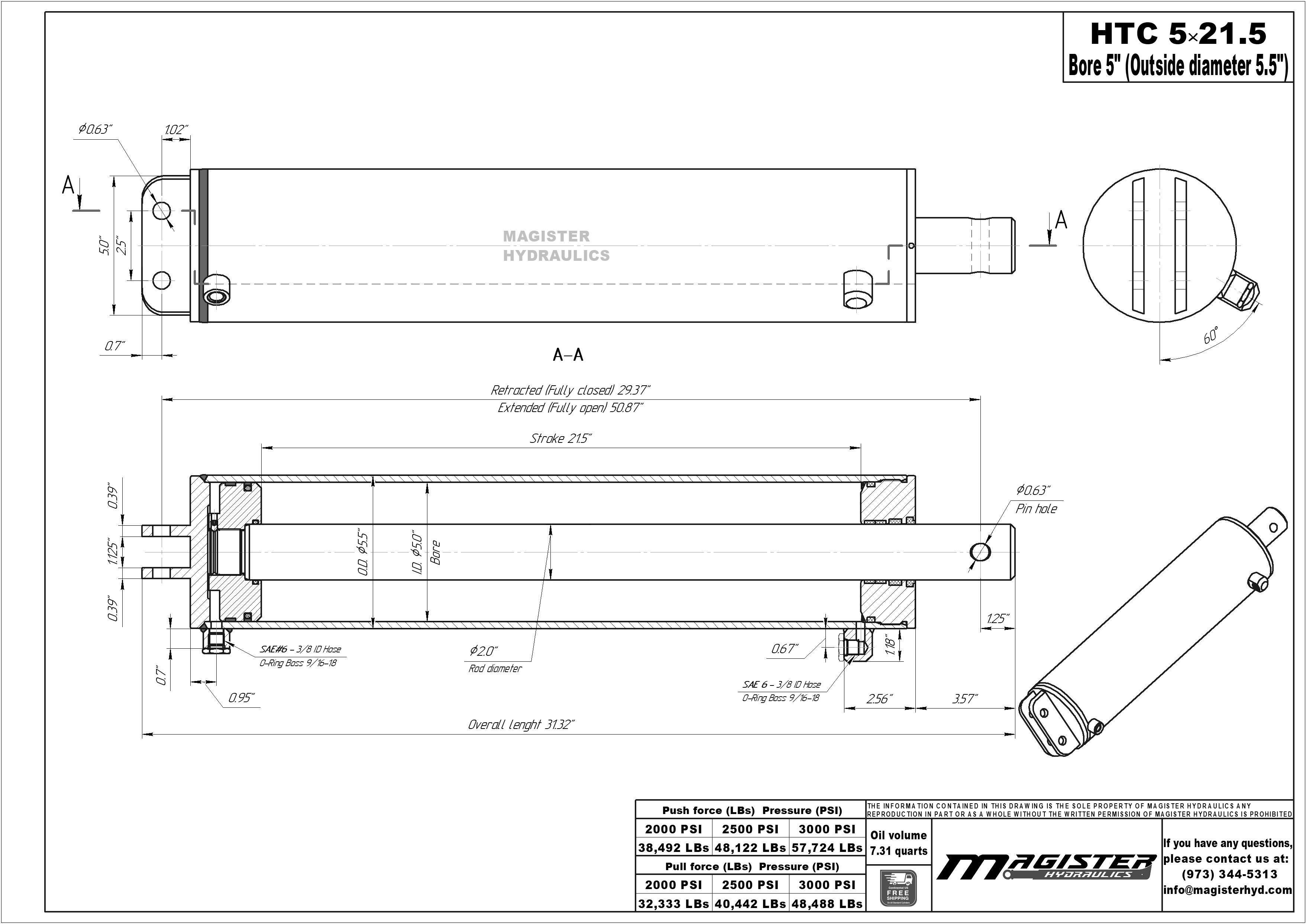 5" bore x 21.5" stroke hoist hydraulic cylinder drawing