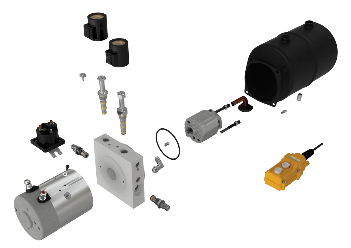 Hydraulic power unit components labeled